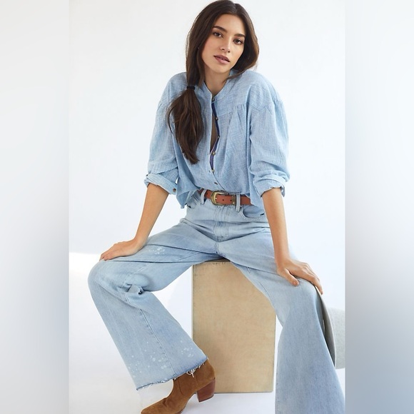 Pilcro Peasant Anthropologie Long Sleeve Button Down Blue Cropped Blouse Small - Picture 2 of 6